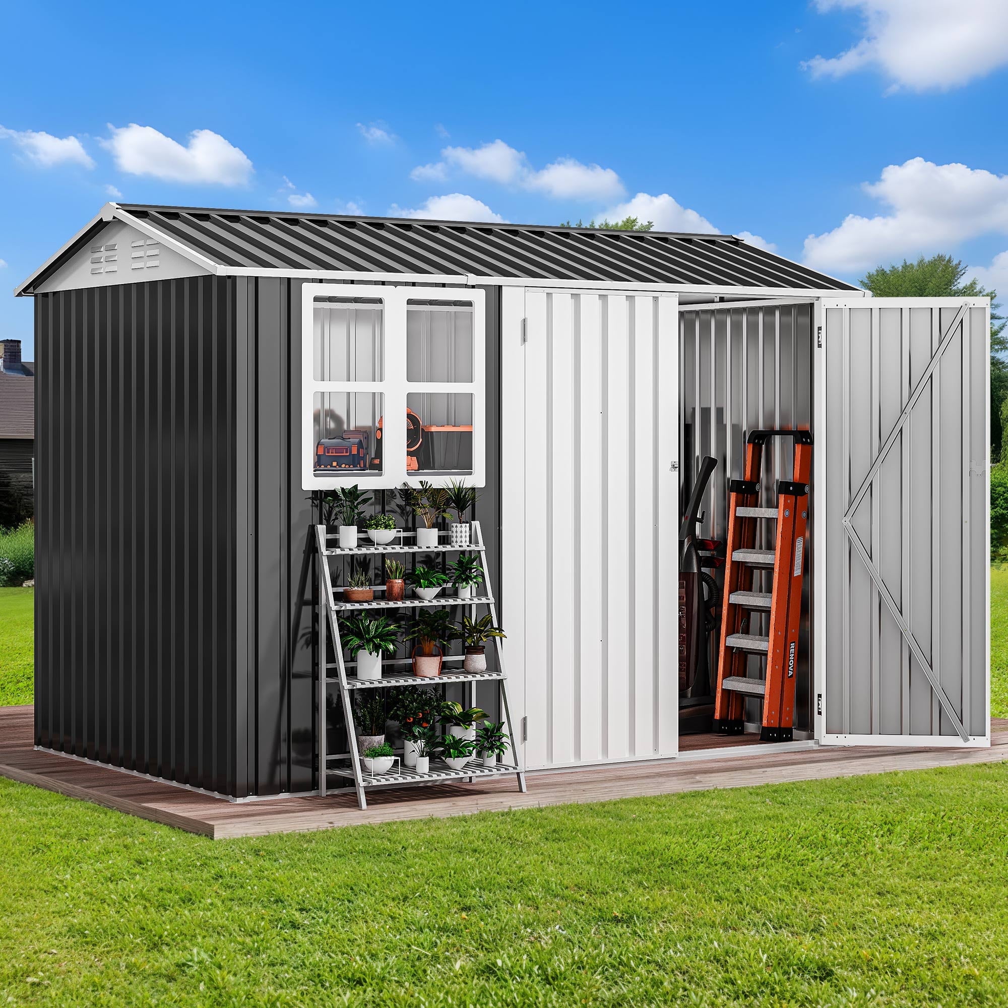 ModFusion 8x6 ft Storage Shed with Large Window, Lock, Galvanized Metal, Shutter Vents, Organizer for Garden Tools Bike Storage Pool Supplies, Dark Gray and White